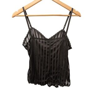 Vintage Union Made Sheer Striped Lace‎ Trim Camisole Top Lingerie Y2K Black